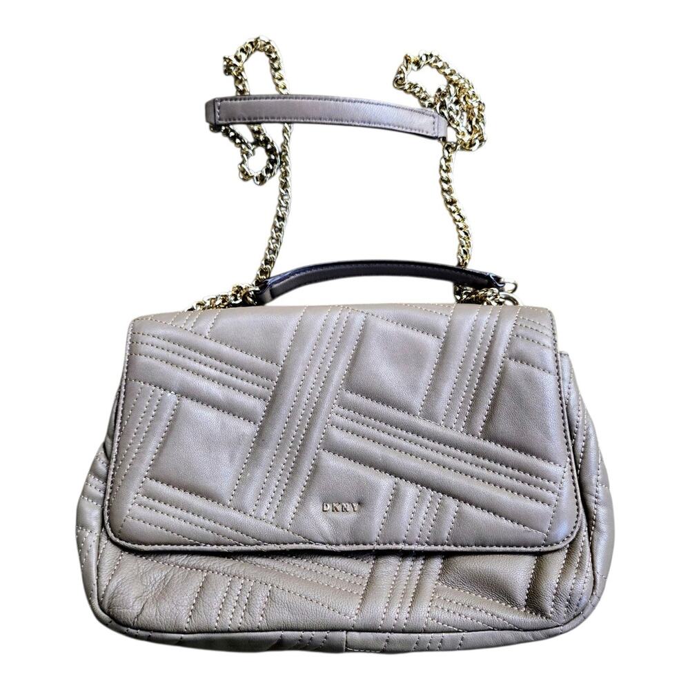 DKNY Allen Shoulder Bag Womens Beige Quilted Leather Flap Chain Strap Handbag
